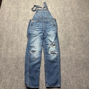 American Eagle Jeans Womens Medium Blue 90s Boyfriend Overall Bib Ripped Stretch